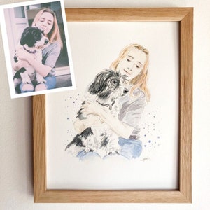 Animal-owner portrait painted in ink and watercolor, dog and owner painting from photo, gift for dog or cat lovers