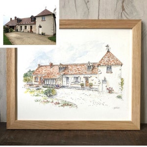 Gepersonaliseerd huis- en tuinportret in inkt en aquarel, op maat gemaakt huisschilderij van foto, met de hand geschilderd huisportret