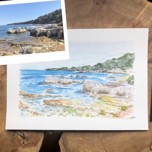 Custom seaside watercolor, ink and watercolor painting from photo, handmade marine painting