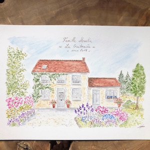 Hand-painted watercolor portrait of a house, based on a photograph, with a personalized title. Unique French handcrafted artwork.