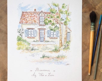 House portrait with title painted in ink and watercolor, house painting from photo, decoration for an entrance, unique gift