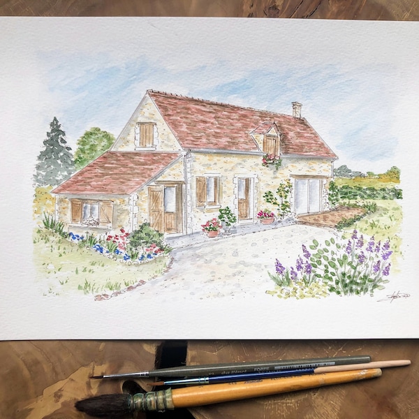 Portrait de maison peint à la main à l'encre et à l'aquarelle, peinture maison d'après photo, cadeau pendaison crémaillère, aquarelle maison