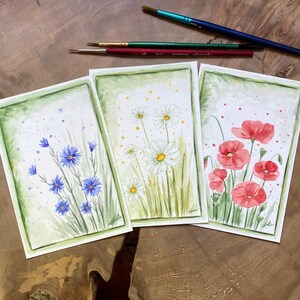 Conjunto de 3 postales en acuarela pintadas a mano - Flores silvestres - Amapolas, margaritas y acianos - Formato A6 - Obra única firmada