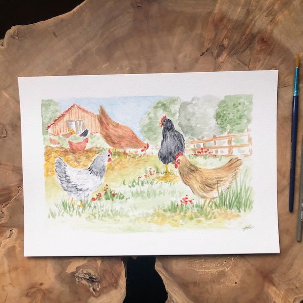 Aquarelle poules peinte à la main, peinture poulailler avec paysage campagne, aquarelle basse cour unique, cadeau pour amoureux des poules