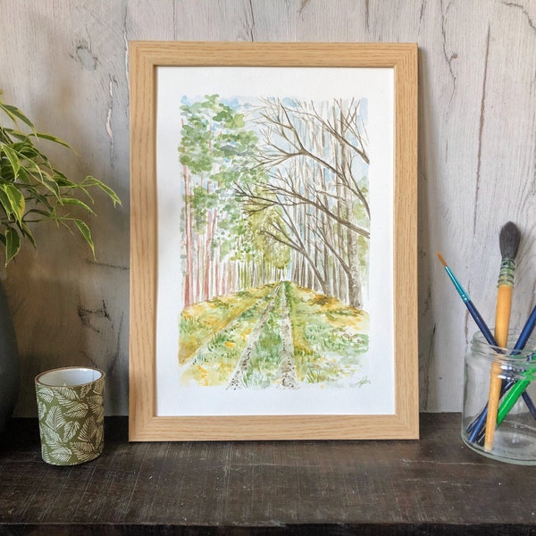 Peinture forêt 21x29,7 cm peint à l'encre et à l'aquarelle, peinture sous bois originale, tableau foret unique, cadeau amoureux nature