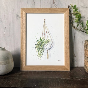 Green plant painting 18x24 cm in ink and watercolor, hand painted hanging plant, botanical watercolor, plant enthusiast gift