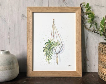 Peinture plante suspendue 18x24 cm à l'encre et l'aquarelle,peinture plante avec macramé , aquarelle botanique, cadeau passionné plantes