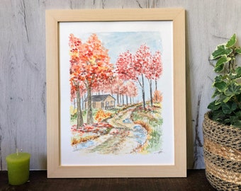 Watercolor forest original self 24x30 cm, landscape painted in ink and aqaurelle, gift for forest enthusiast, unique nature decoration