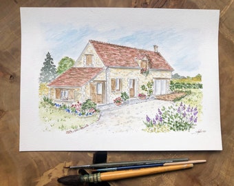 Puede incluir: Pintura acuarela de una casa de piedra con un tejado de tejas rojas. La casa tiene un pequeño jardín con flores y un camino de grava.