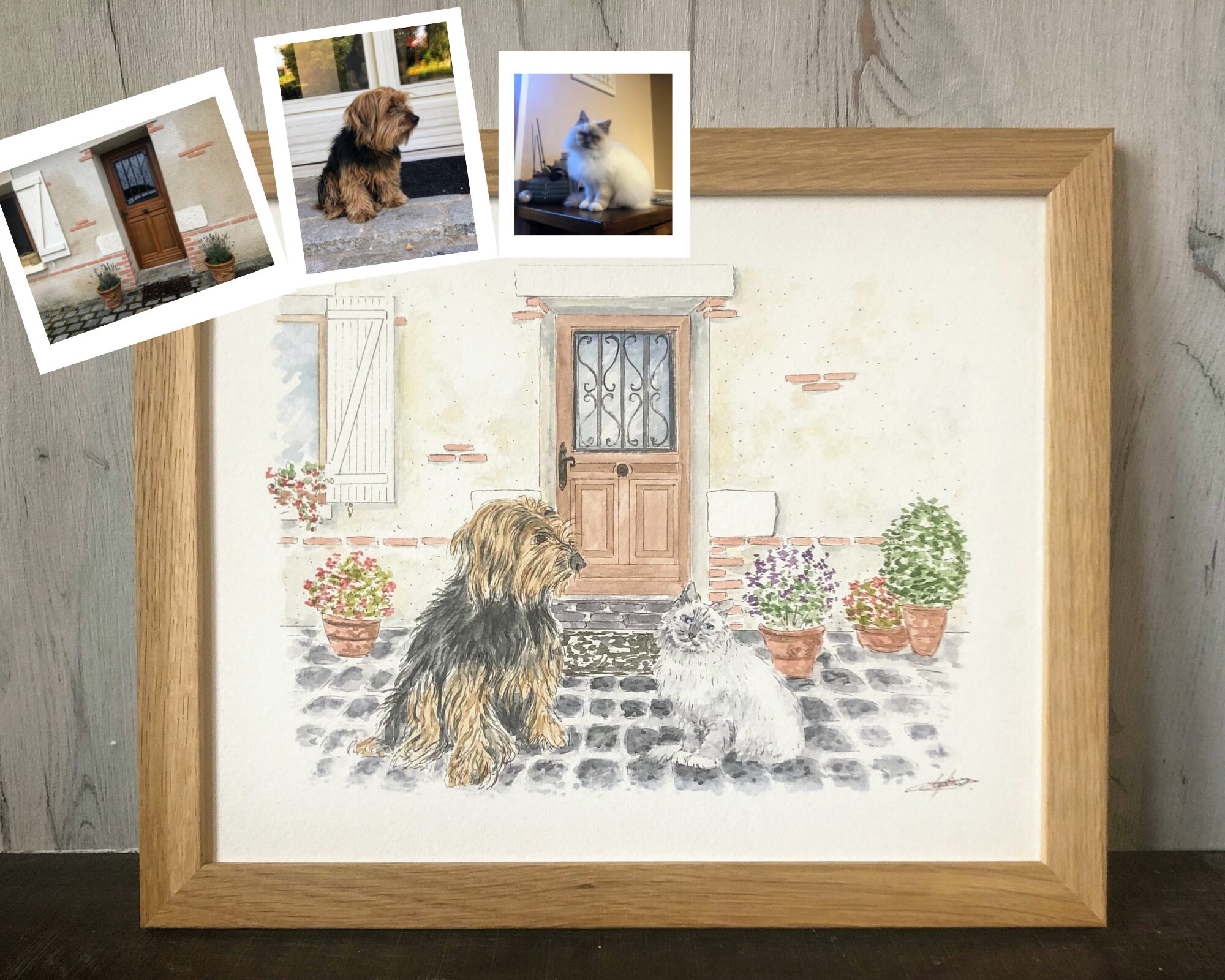 Portrait Animaux Devant Maison Personnalisée, Peinture Encre et Aquarelle Chien Chat d'après Photo,
