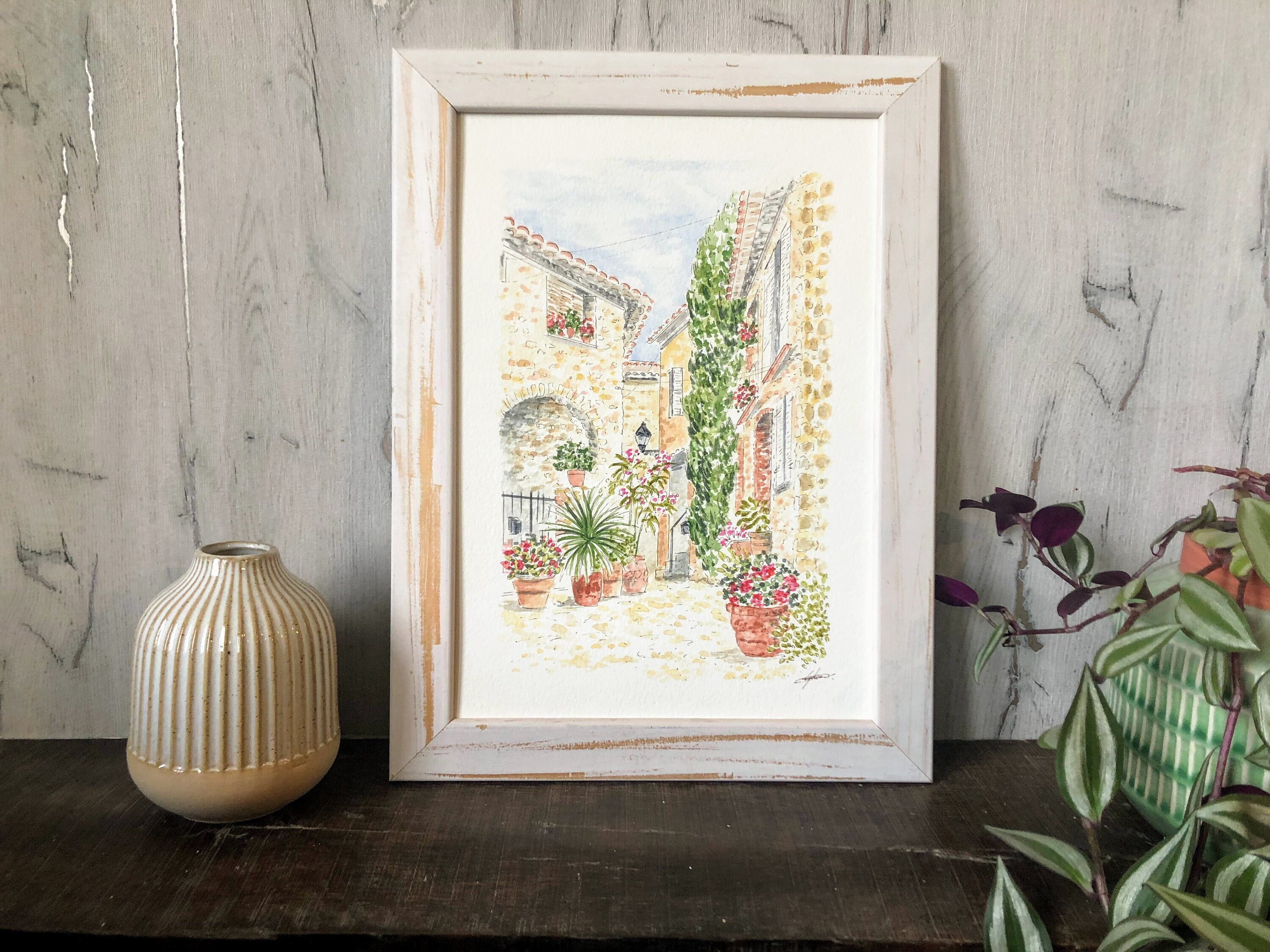 Tableau Village de Mougins, Oeuvre d'art France, Encre et Aquarelle Mougins Signée Lydia Martin