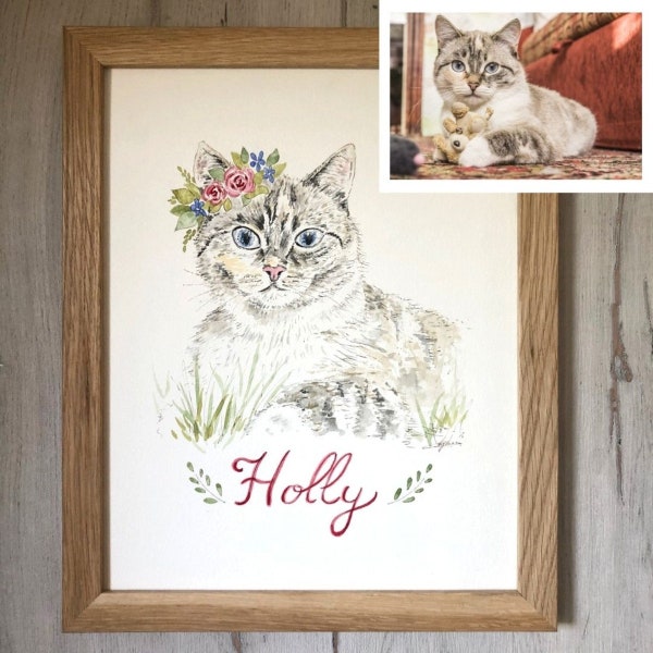 Portrait chat peint à l'encre et à l'aquarelle, peinture chat d'après photo, tableau chat personalisé, cadeau amoureux chat