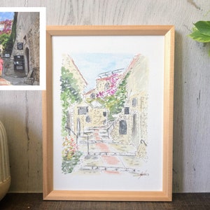 Klein huisportret 13x18 cm handgeschilderd in inkt en aquarel, huisschilderij van kleinformaat foto, gepersonaliseerd kunstcadeau