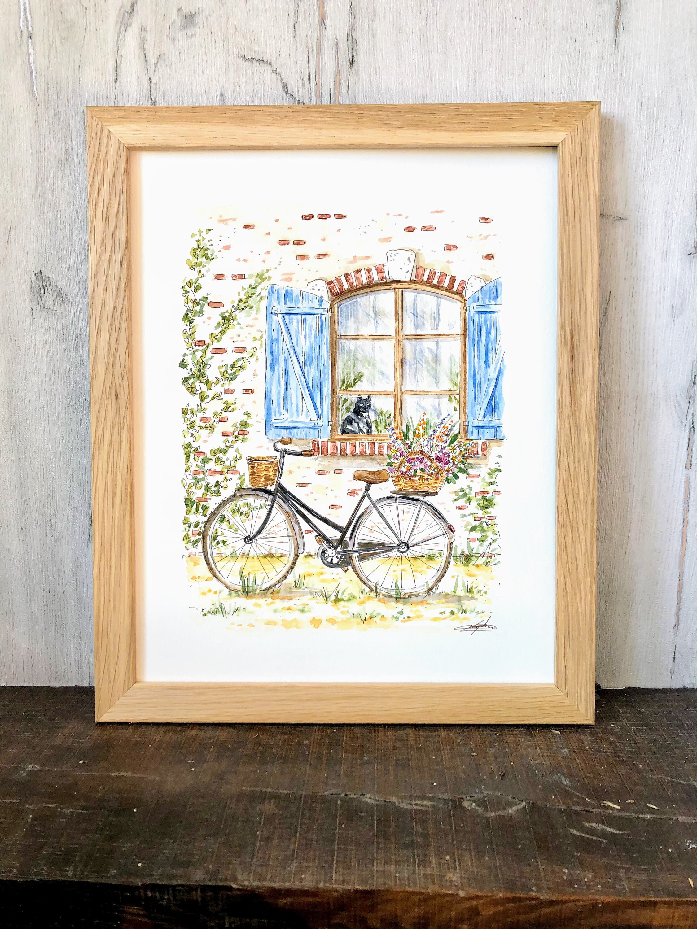 Peinture Vélo Fleuri Devant Maison, Tableau Campagne, Encre et Aquarelle Originale