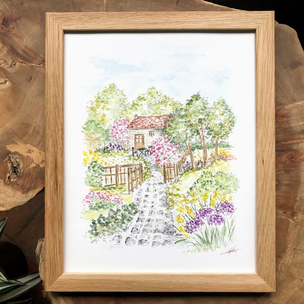 Original watercolor house and flower garden, hand painted garden ink and watercolor, gift for garden lovers, garden decoration