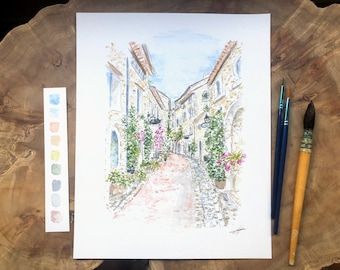 Painting Saint-Paul de Vence 24x30 cm in ink and watercolor, France village artwork, gift for south france lovers