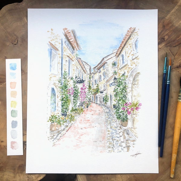 Peinture Saint-Paul de Vence 24x30 cm à l'encre et à l'aquarelle, oeuvre d'art village France, cadeau pour amoureux sud france