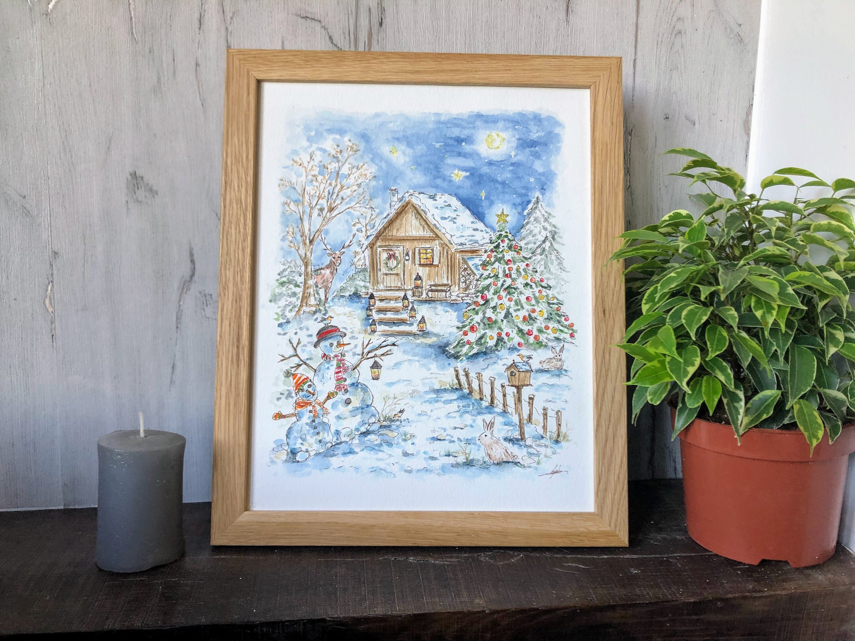 Maison et Jardin Noël, Oeuvre d'art Originale, Encre Aquarelle Signée Lydia Martin