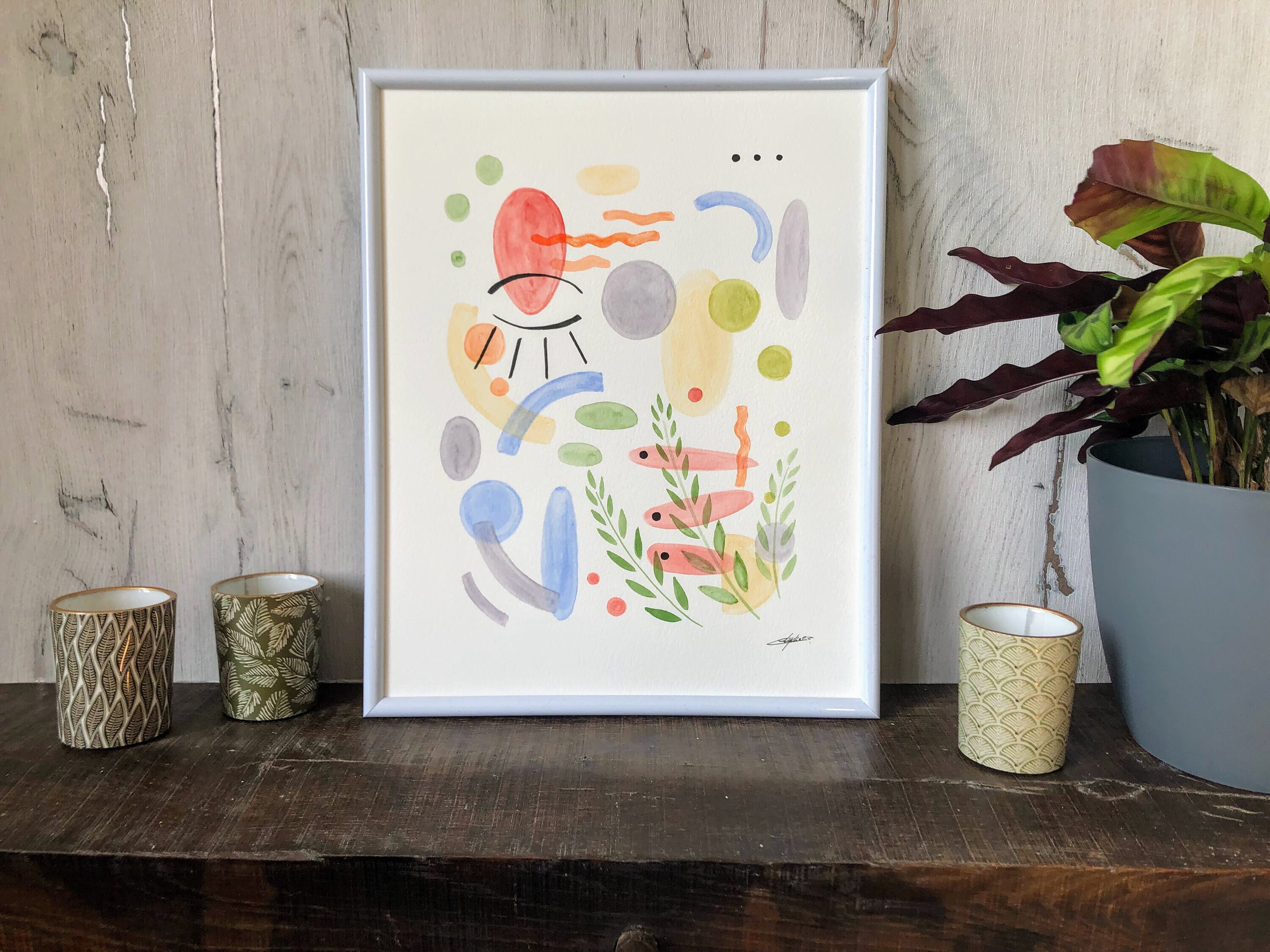 Peinture Abstraite, Portrait à L'encre et Aquarelle, Peinture Moderne Originale