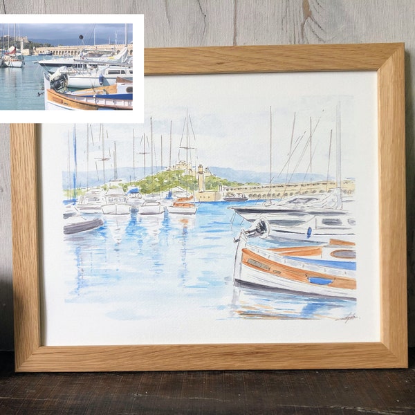 Peinture paysage bord de mer à l'encre et à l'aquarelle,peinture d'après photo, cadeau sur-mesure pour gite ou hôte, déco vacances