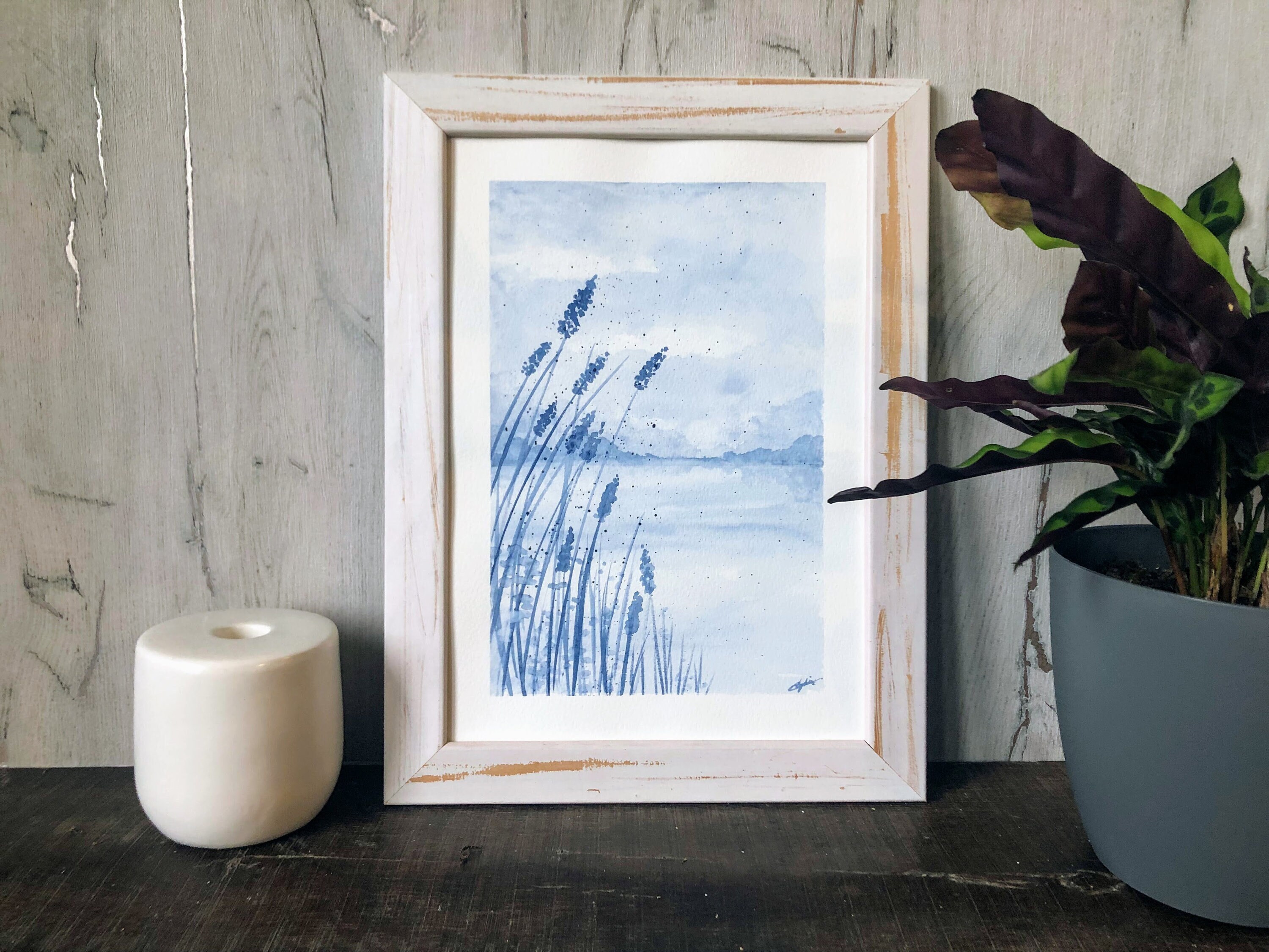 Aquarelle Paysage Bleu Original, Oeuvre d'art Peinte à La Main, Encre et Aquarelle Signée Lydia Mart