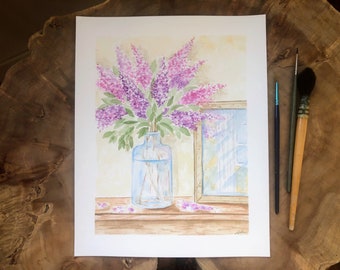 Origineel aquarel schilderij Lila 24x30 cm met de hand geschilderd, lila boeket schilderij, aquarel boeket unieke bloem