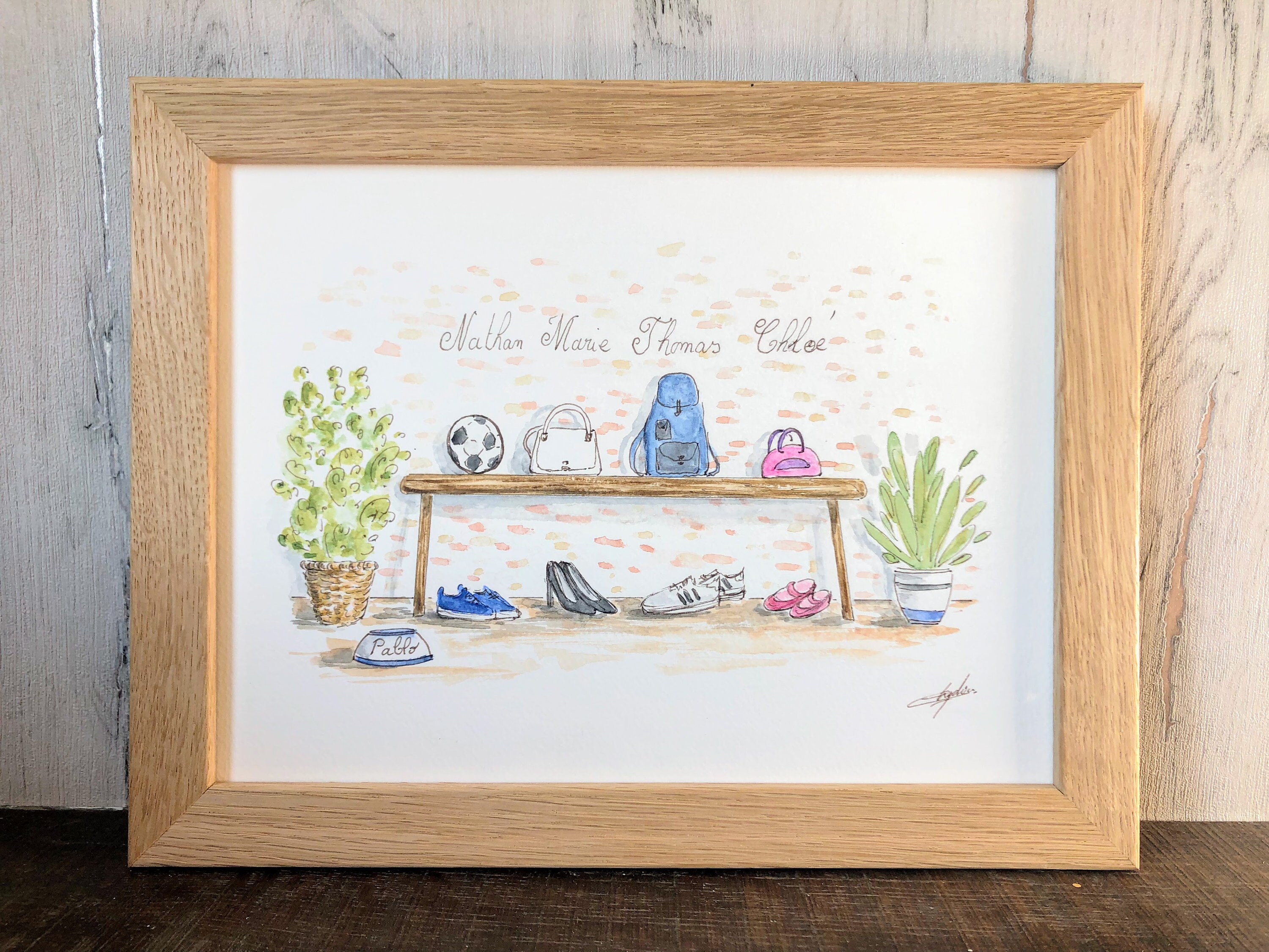 Portrait Famille Sacs et Chaussures Original, Peinture Portrait Chaussures, Encre Aquarelle Personna