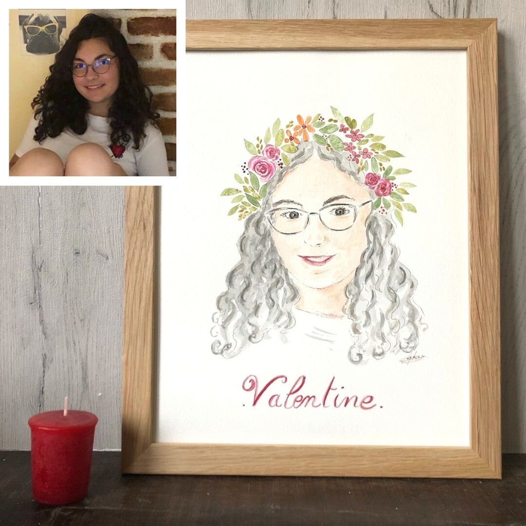 Portrait Personnalisé Couronne de Fleurs, Peinture Portrait d'après Photo Personnalisé, Oeuvre d'art