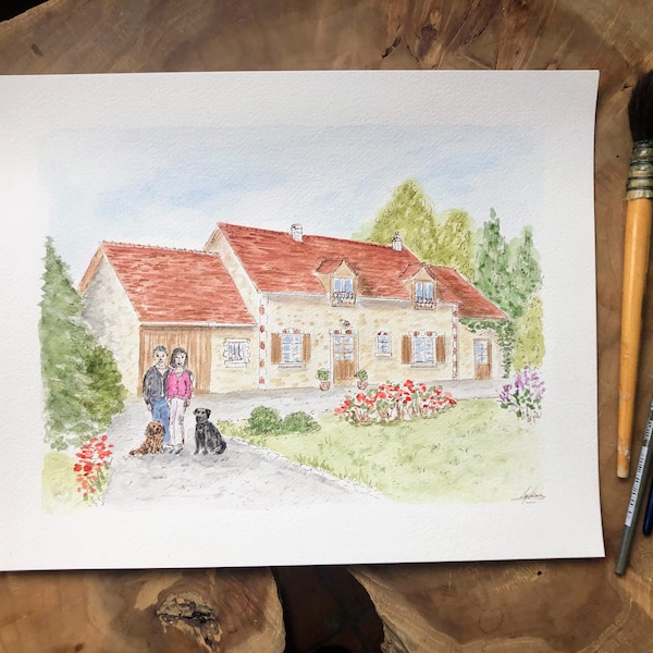 Portrait de maison avec personnes et animaux peint à l'encre et à l'aquarelle , peinture maison de famille d'après photo, cadeau famille