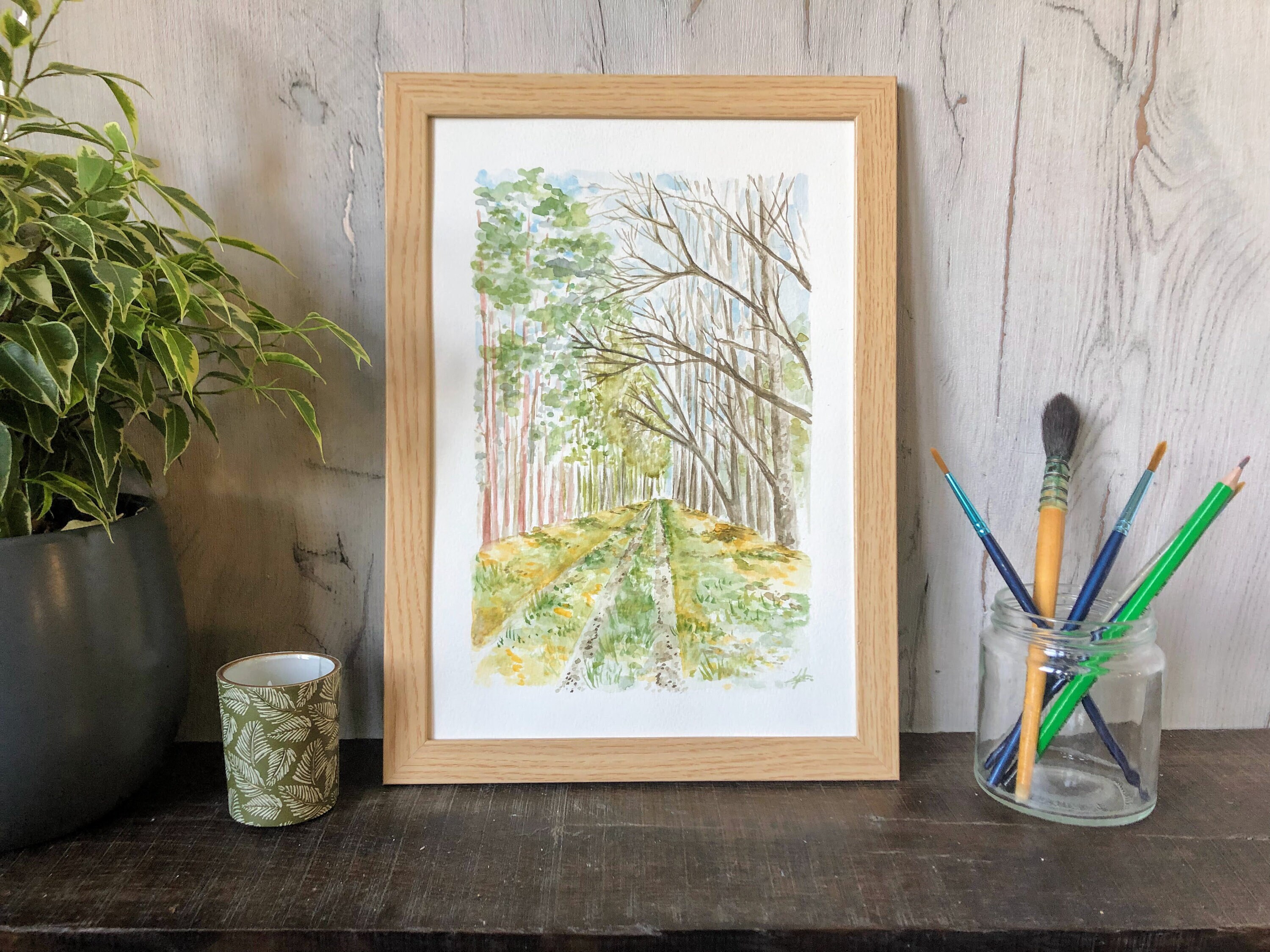 Aquarelle Originale Chemin en Forêt, Peinture Paysage Encre et Aquarelle, Oeuvre d'art Signée Lydia