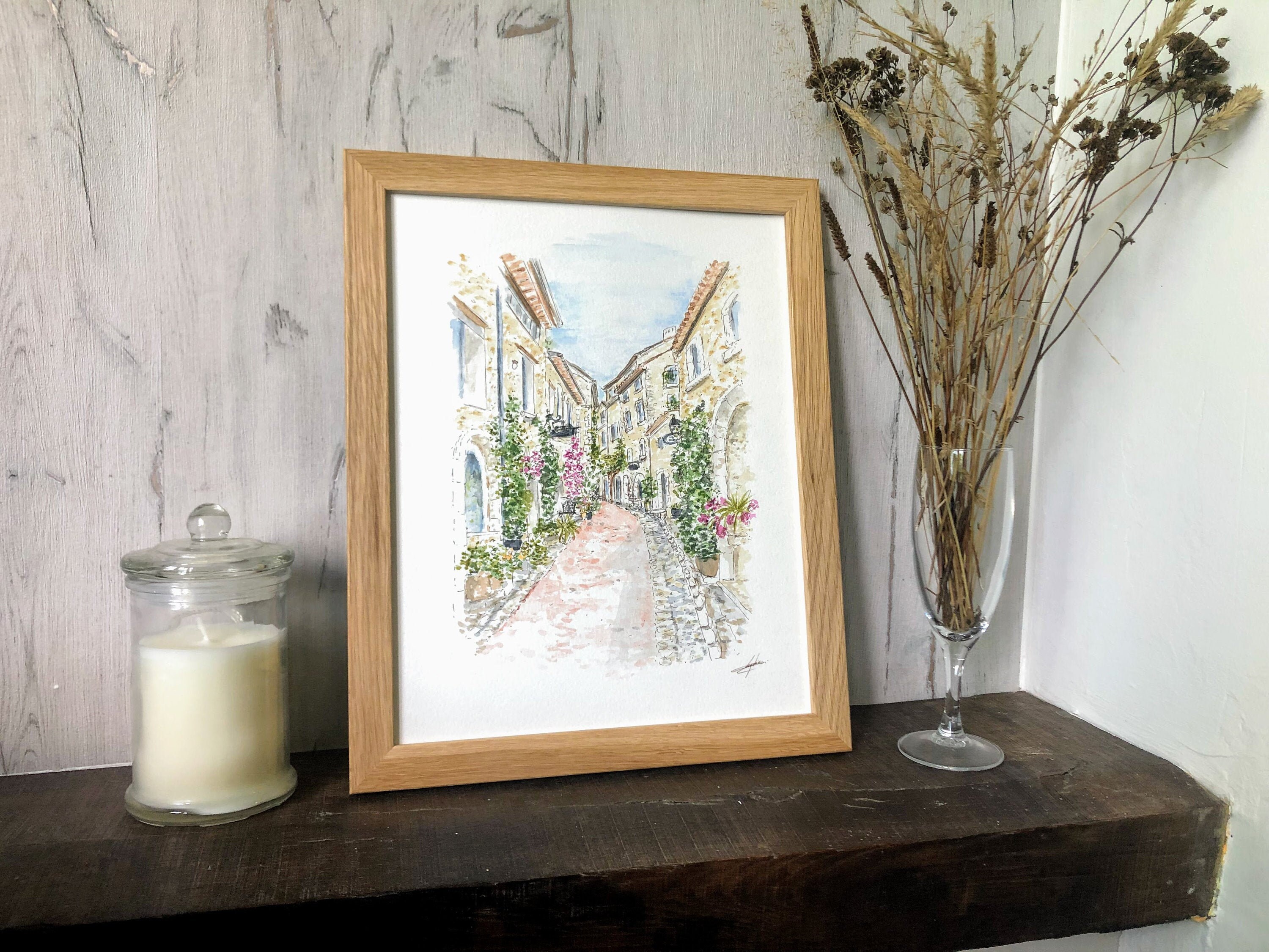 Tableau Peinture Saint-Paul de Vence Originale, Oeuvre d'art Village France Peinte à La Main, Encre