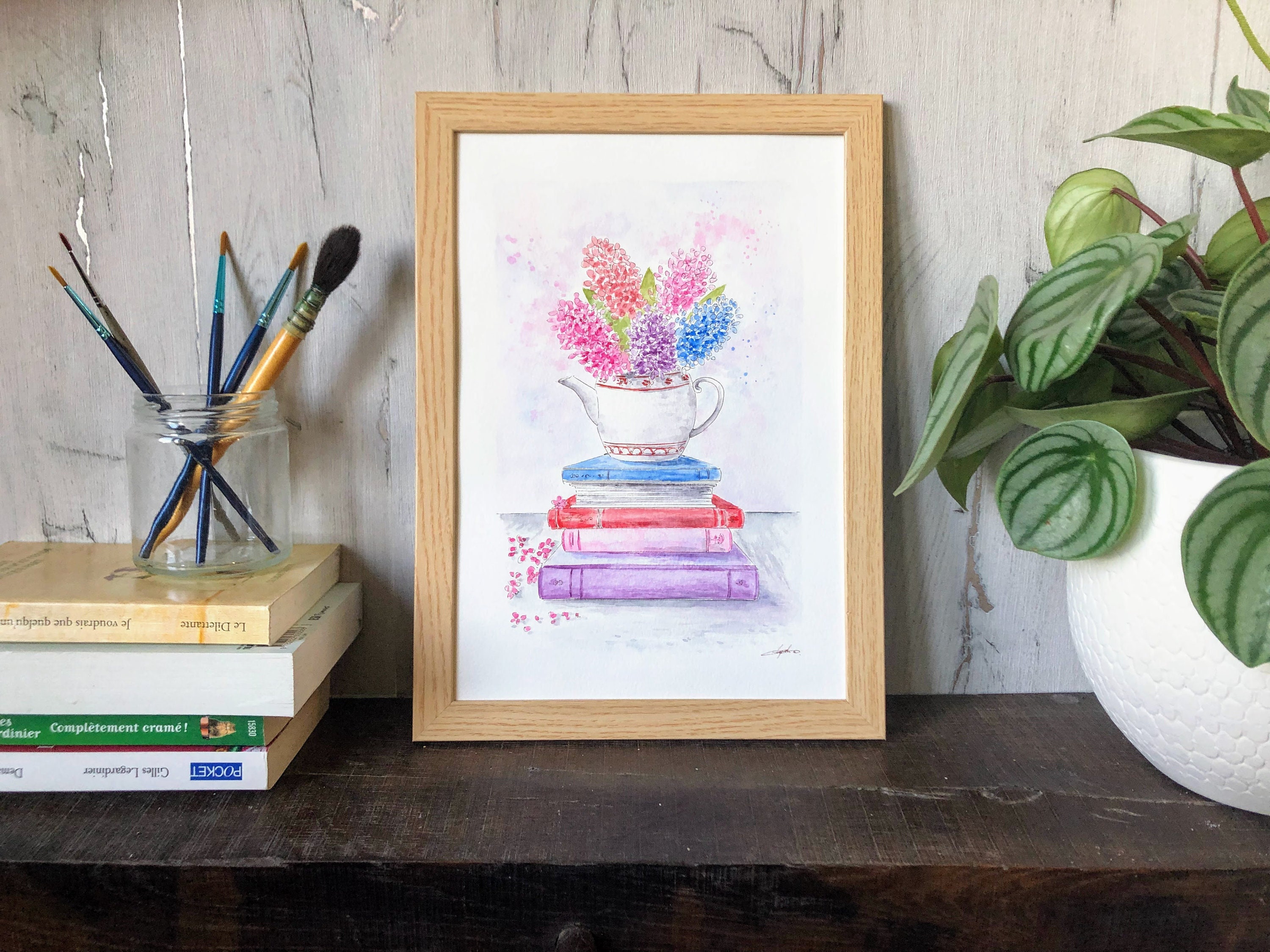 Aquarelle Théière avec Des Fleurs Originale, Fleurie à L'aquarelle, Oeuvre d'art Originale Signée Ly