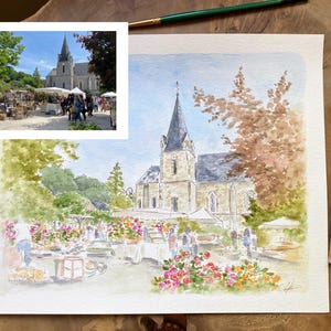 Custom village watercolor, ink and watercolor painting from photo, handmade painting of heart place