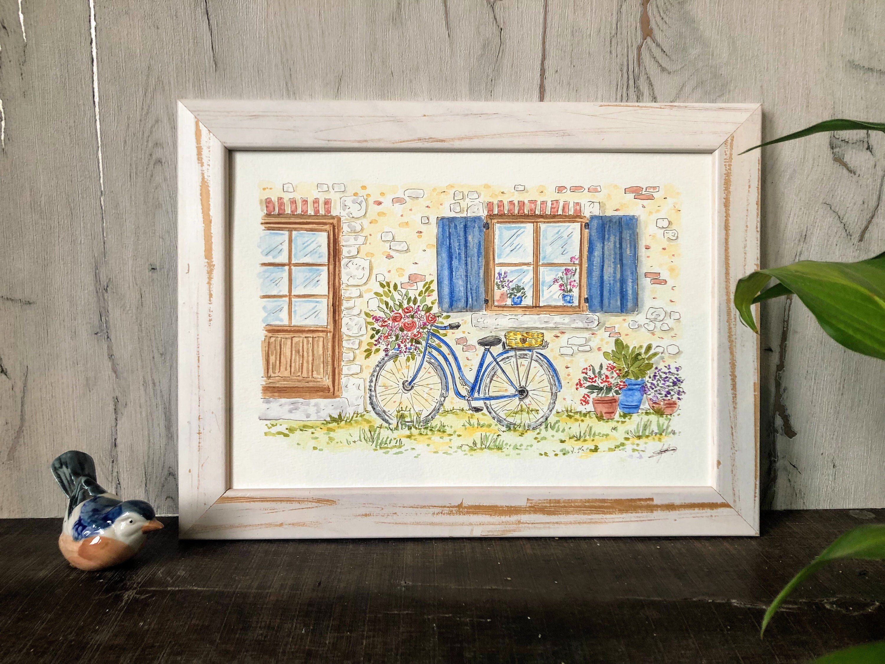 Aquarelle Originale Vélo Fleuri, Oeuvre d'art et Maison France, Encre Aquarelle Mougins Signée Lydia
