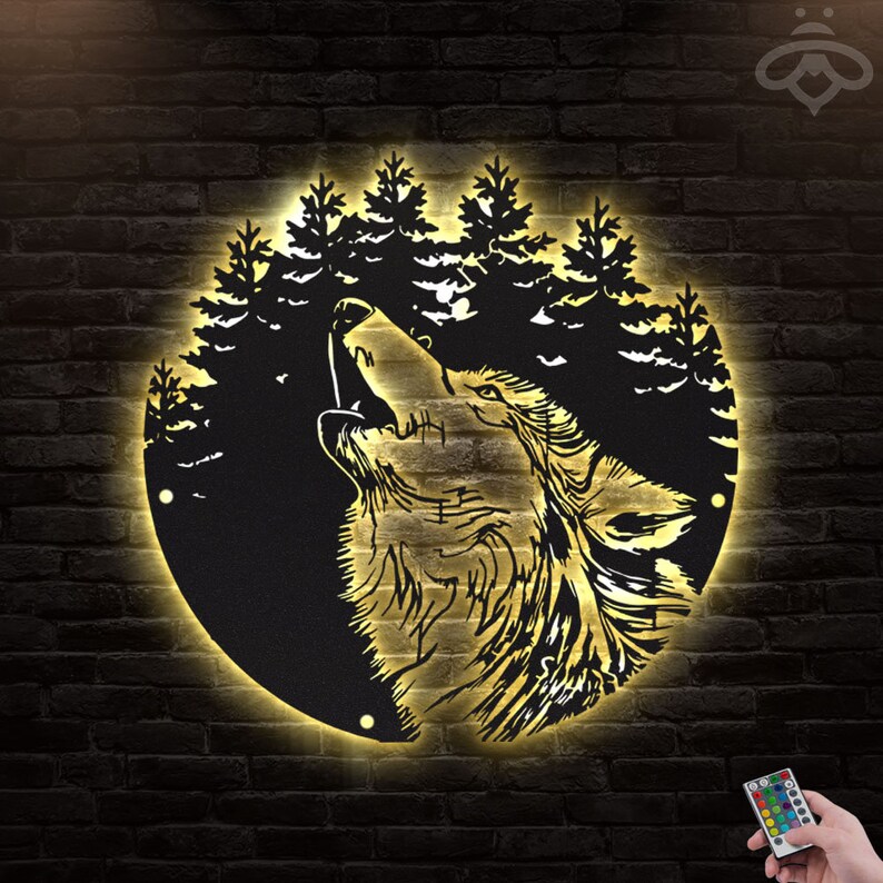 Wolf Metal Wall Art With LED Lights Howling Wolf Black Sign Etsy