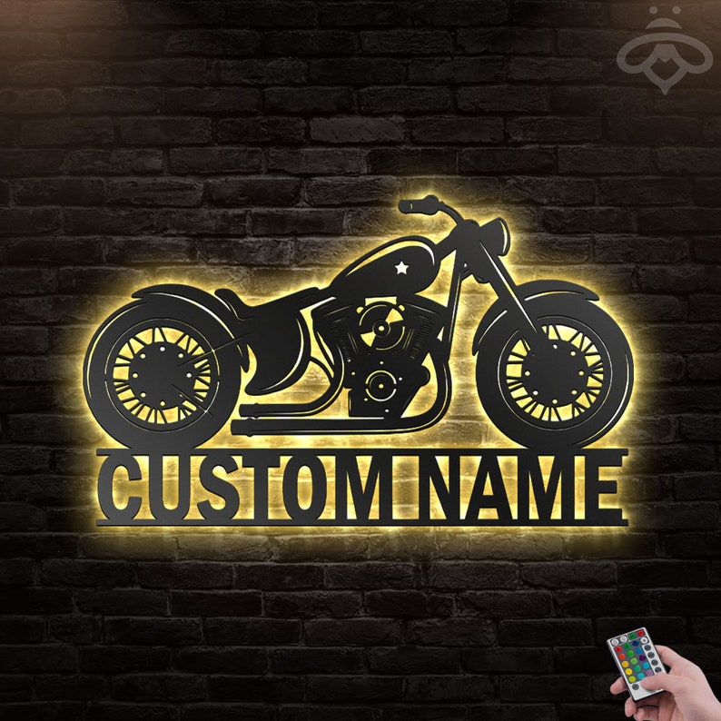 Custom Motorcycle Metal Wall Art With Led Lights Personalized Etsy