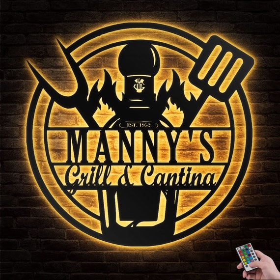 Custom Grill Metal Wall Art With Led Lights Personalized BBQ Etsy