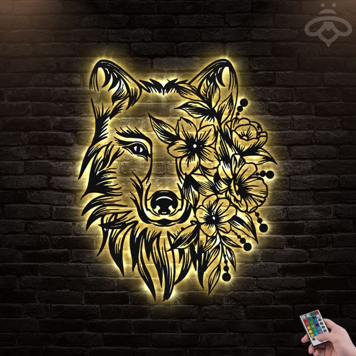 Floral Wolf Metal Wall Art With LED Lights Howling Wolf Black Etsy