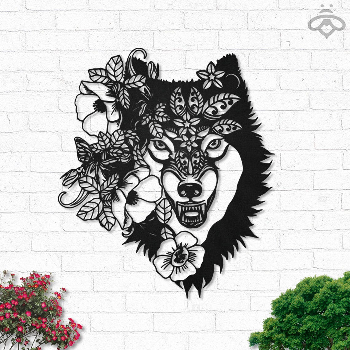 Floral Wolf Metal Wall Art With LED Lights Howling Wolf Black Etsy