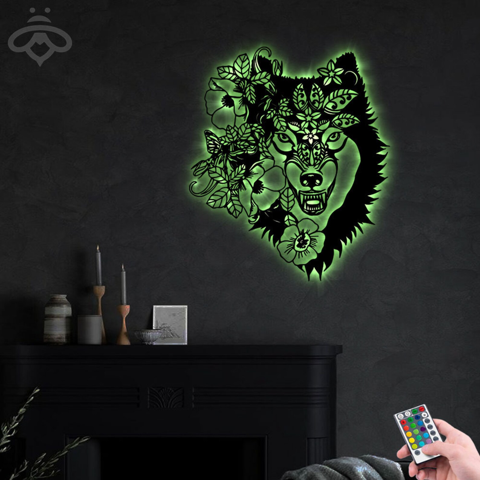Floral Wolf Metal Wall Art With LED Lights Howling Wolf Black Etsy