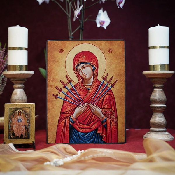 Ikone Our Lady of the Seven Sorrows Handgemachte Ikonen Icon handgemachte Ikone, perfektes Geschenk, religiöses Bild, schöne Ikone, religiöse Ikone