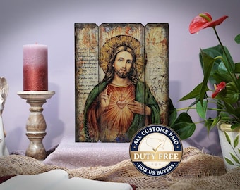 Ícone do Coração de Jesus Cristo feito à mão, Ikonen Icoon Ikone, presente perfeito, imagem religiosa, presente de casamento, presente de batizado, presente de Primeira Comunhão.