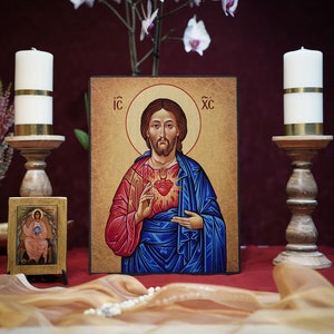 Icon Heart of Jesus Hand made Ikonen Icoon Ikone Patron handmade icon, perfect present, religious picture, beautiful icon, religious icon image 1