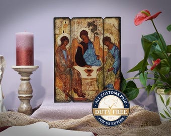 Ícone da Santíssima Trindade feito à mão, Ikonen Icoon Ikone, presente perfeito, imagem religiosa, belo ícone, ícone religioso, presente de batismo