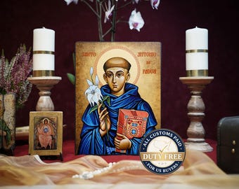 Icon  Saint Anthony Hand made Ikonen Icoon Ikone Patron perfect present, religious picture, wedding gift, baptism gift, First Communion gift