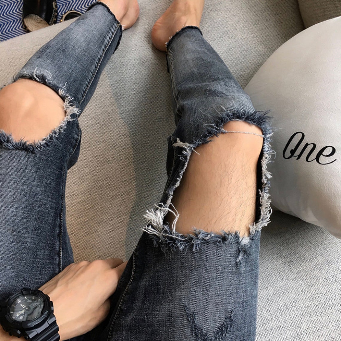 Black jeans holes in the knee and thigh for men Etsy