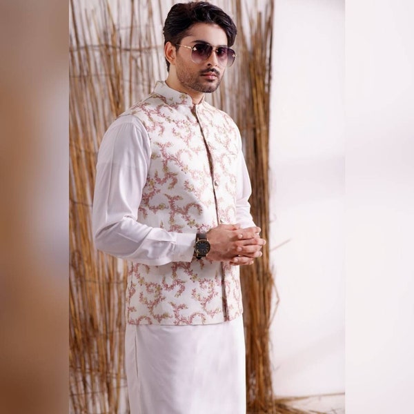 Men's Formal Waistcoat on Jacquard Fabric with Pink Embroidery | Men's Formal Waistcoat | Hand Made Pakistani Indian mens Waistcoat