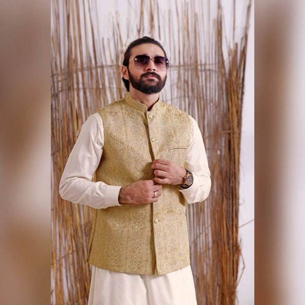 Men's Formal Jamawar Waistcoat with Zari Embroidery | Hand Made Pakistani Indian Style Men's Embroidery Waistcoat | Mens Eid Waistcoat