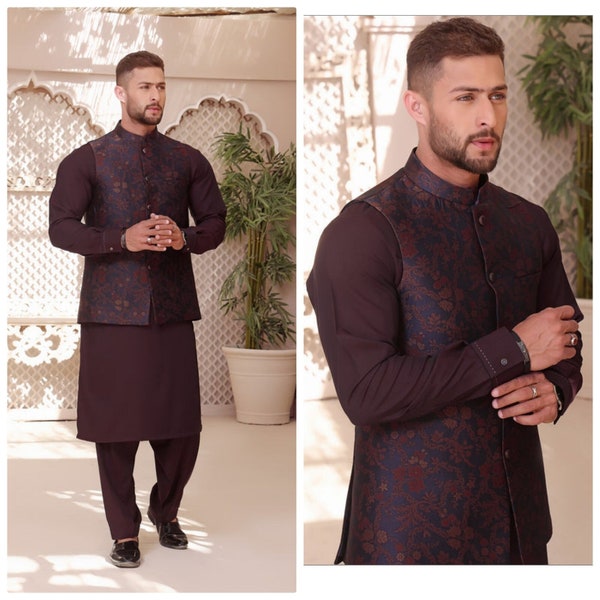 Hand Made Pakistani Indian Style Men's Formal Waistcoat on Measuri fabric | Eid | Weddings | Slim Regular Fit | Sleeveless jacket | maroon