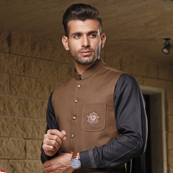 Hand Made Pakistani Indian Men's Formal Tropical Suiting Fabric with Embroideried  | Eid | Weddings | Sleeveless jacket | Camel Waistcoat